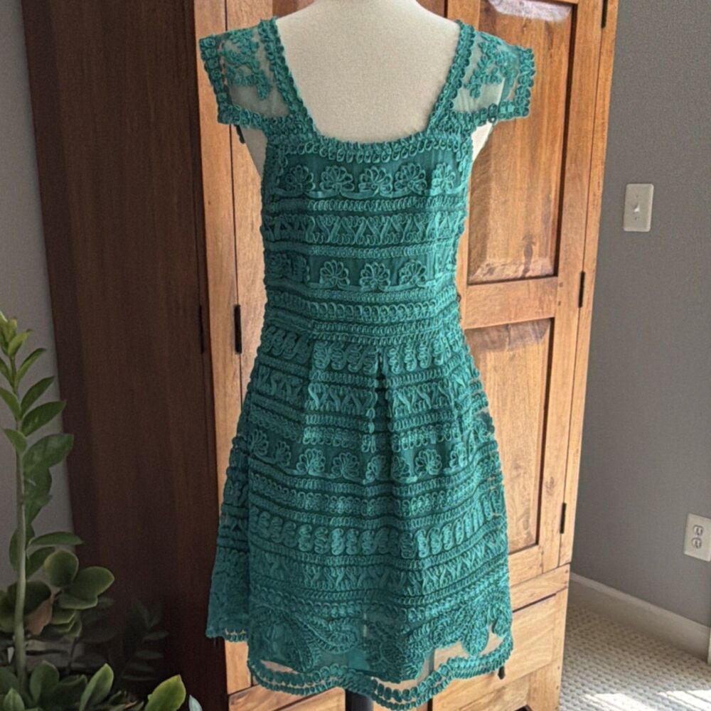 Yoana Baraschi Anthropologie Teal Lace Embroidered A-Line Dress 6 - Picture 3 of 6